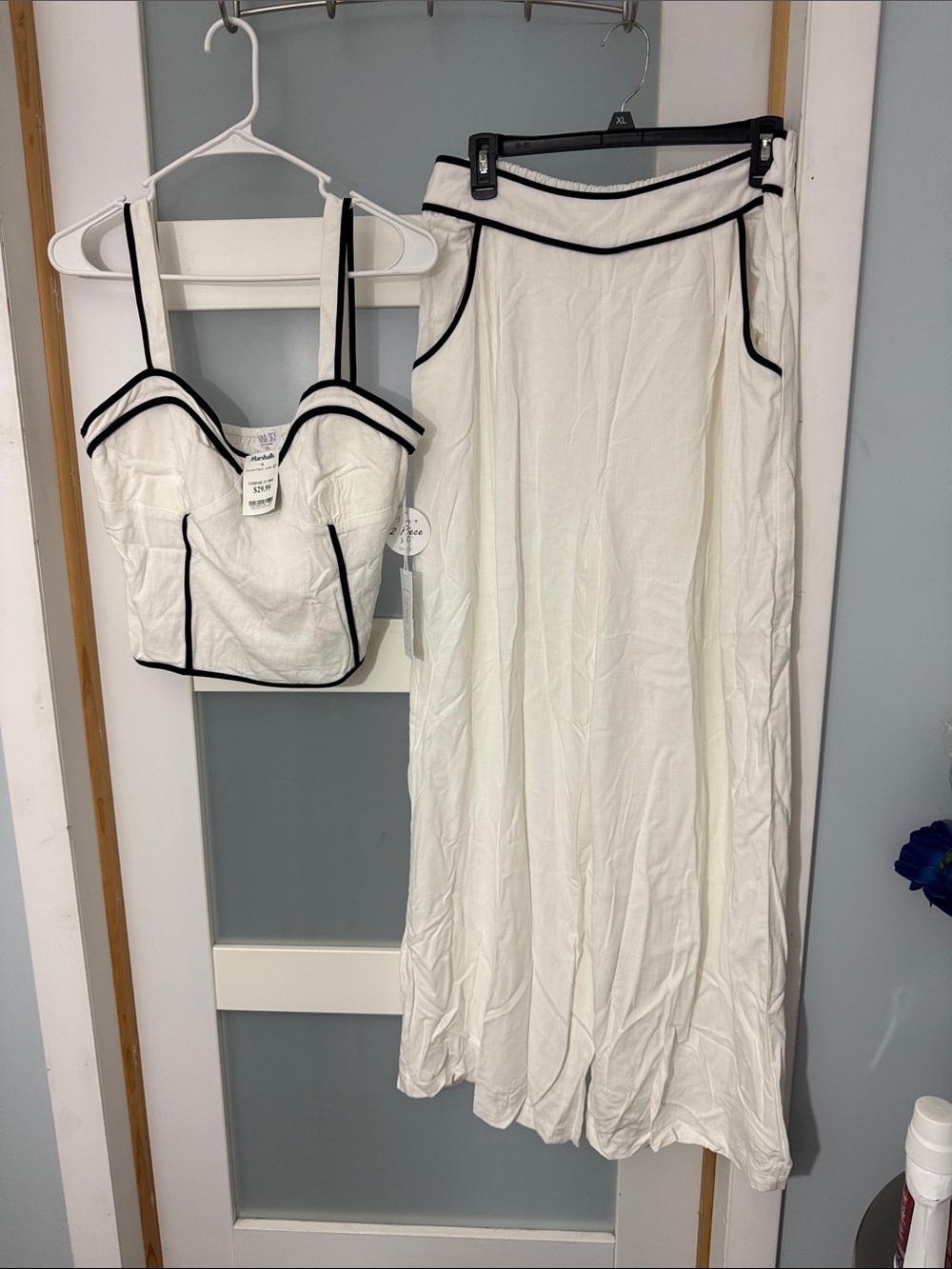 Sienna Sky White Wide-Leg Pants with Top Set with Black Piping